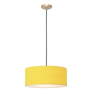 Stretch Pendant, Mustard Linen Shade, Weathered Brass For Sale
