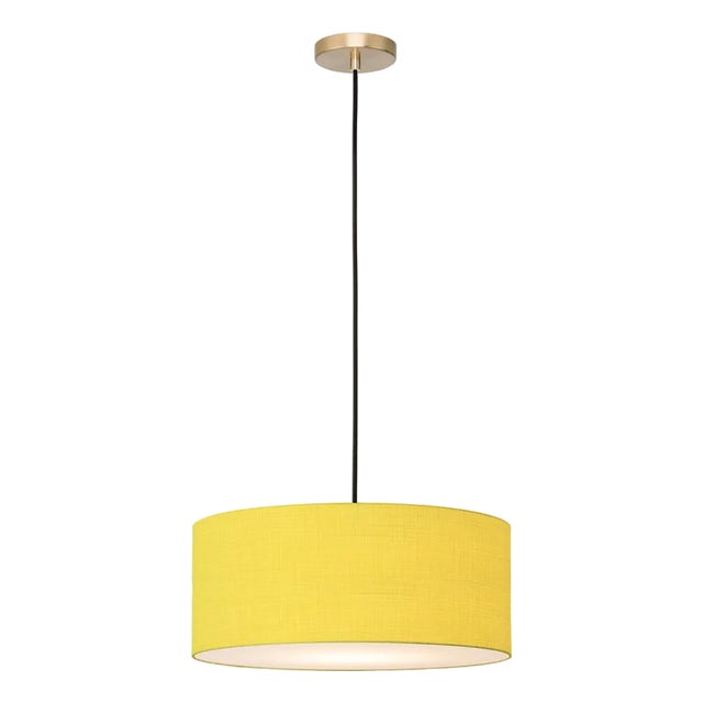 Stretch Pendant, Mustard Linen Shade, Weathered Brass For Sale