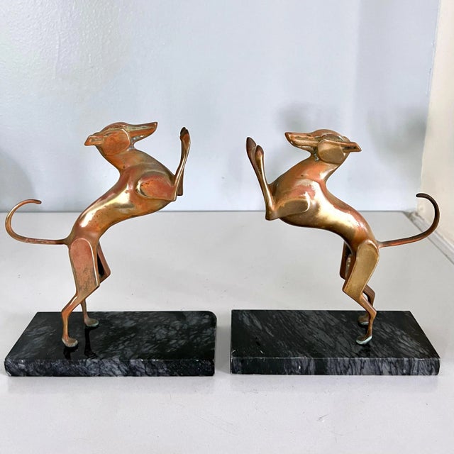 Mid-Century Modern Brass Doberman Bookends with Marble Base - A Pair For Sale - Image 3 of 7