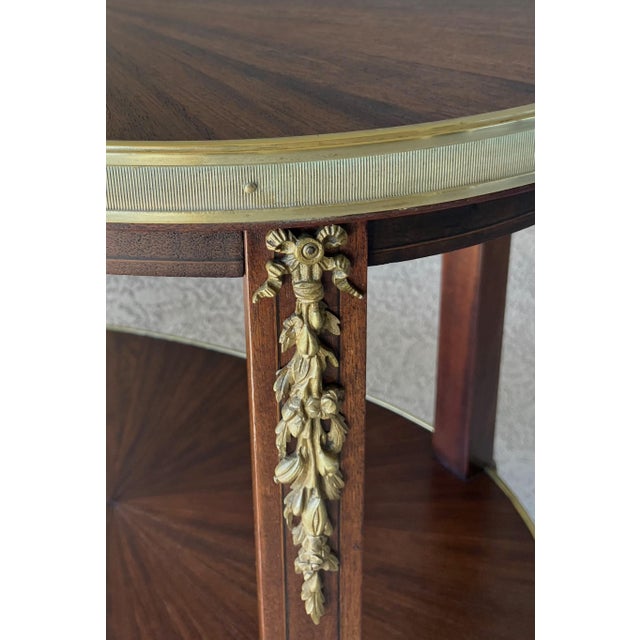 Circa 1930 Louis XVI-Style Mahogany Starburst Marquetry Two-Tier Oval Accent Table With Brass Mounts For Sale - Image 16 of 18