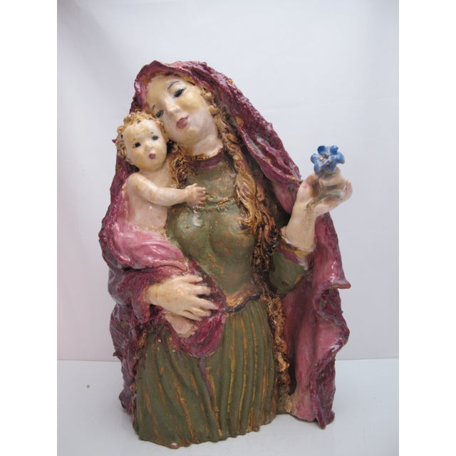 Susi Singer Terracotta Madonna With Blue Flower & Child 1951 Statue For Sale - Image 15 of 18