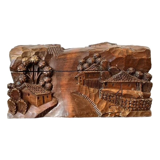 Vintage Hand Carved Asian Landscape Wood Box For Sale