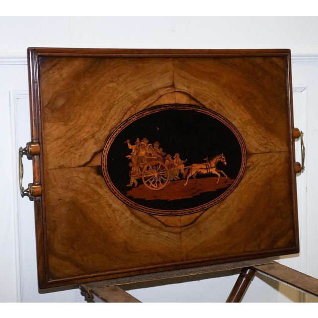 Victorian Double Sided Serving Tray on Bamboo Stand Brass Handles Marquetry Top For Sale - Image 16 of 18