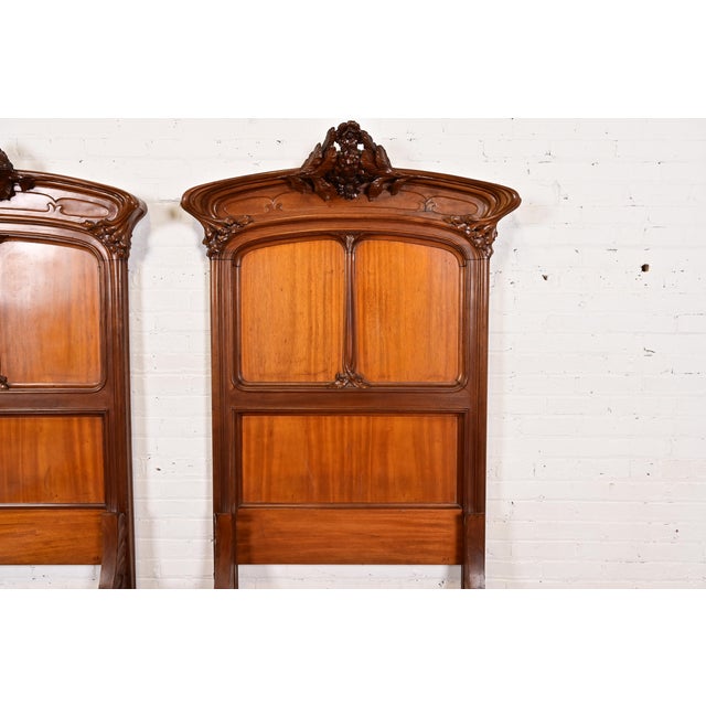 Wood Louis Majorelle Antique French Art Nouveau Carved Walnut Twin Size Beds, Circa 1900 For Sale - Image 7 of 13