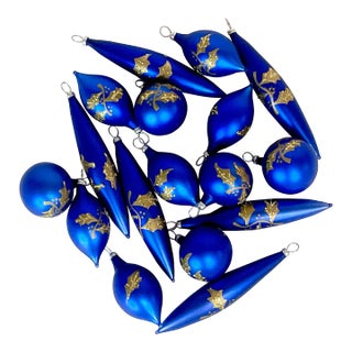 Mid-Century Hollywood Regency Petite Blue Glass Ornaments - Set of 17, Christmas For Sale