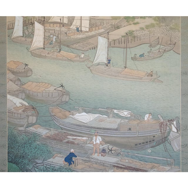 Wood XXL "Fishing Village" by Yoshika, Taisho Japanese Silk Scroll Painting, in Original Wooden Case For Sale - Image 7 of 18