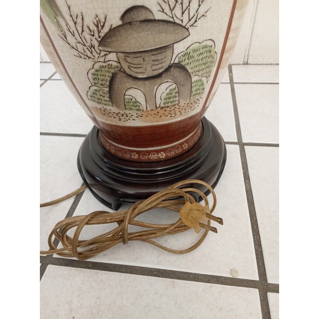 1930s Asian Ceramic + Wood Satsuma Crackle Glaze Hand Painted 32" Lamp For Sale - Image 14 of 15
