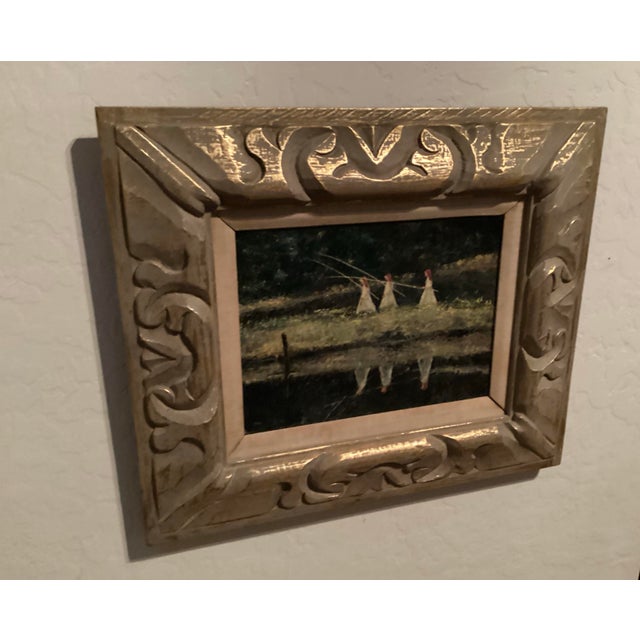 Figurative Original Oil Painting, Landscape With 3 Sisters Fishing, Signed by Artist “G.Wodzik” in Red. For Sale - Image 3 of 9