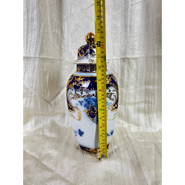 Late 20th Century Cobalt Blue & Gilt French Limoges Hand-Painted Porcelain Ginger Jar Urn With Lid For Sale - Image 11 of 12