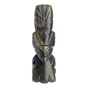 Vintage Gold Obsidian Mayan Statue Carved Aztec Stone Figurine 6” Tall