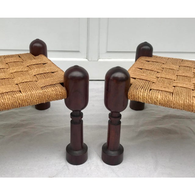 Vintage Woven Jute and Mahogany Stools - Set of 3 For Sale - Image 9 of 12