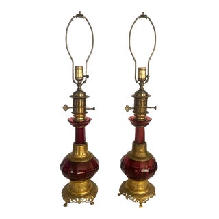 Pair of Early 20th Century Victorian Cranberry Cherry Red Lamps For Sale