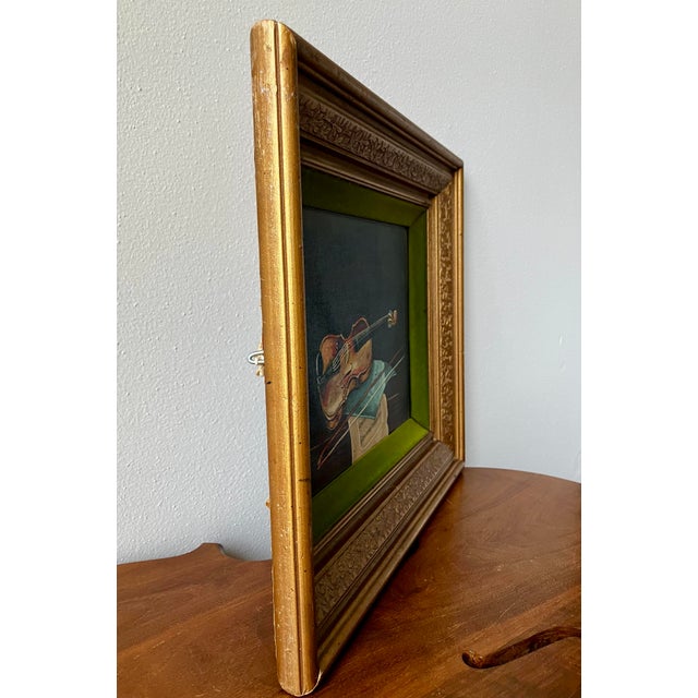 Vintage Mid-Century Violin Still Life Painting in Gilt Frame With Velvet Liner For Sale - Image 10 of 18