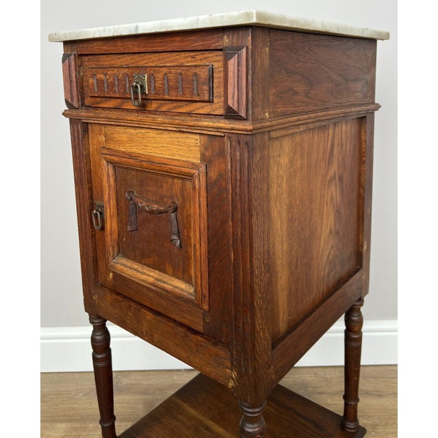 French Bedside Table in Oak with Marble Top For Sale - Image 11 of 17