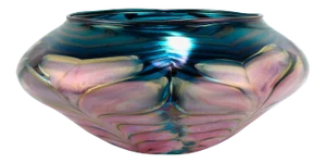 1991 Large Daniel Lotton Pulled Feather Pink & Blue Art Glass Vase