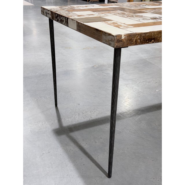White Interlude Home Reclaimed Wood Mosaic Dining Table With Iron Hairpin Legs For Sale - Image 8 of 9