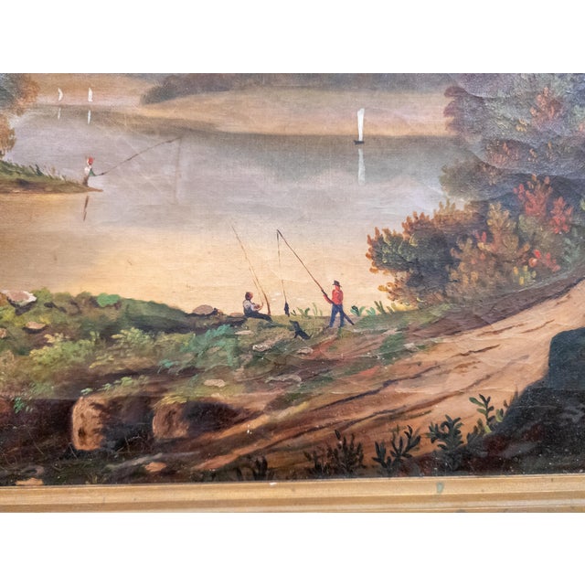 19th Century American Naive Folk Art Landscape Painting With Fishermen For Sale - Image 12 of 18
