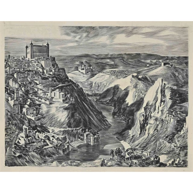 Landscape is an Original etching realized in the Early 20th Century. Good condition. The artwork is strong through soft...