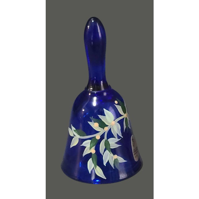 Fenton Art Glass Company Vintage Hand Painted Floral Blue Fenton Glass Bell Marked & Original Label For Sale - Image 4 of 5