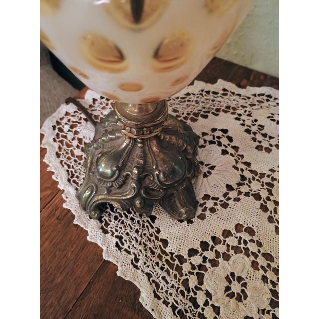 1950s Vintage Fenton Honeysuckle Topez Opalescent Coin Dot Hurricane Parlor Lamp For Sale - Image 5 of 5