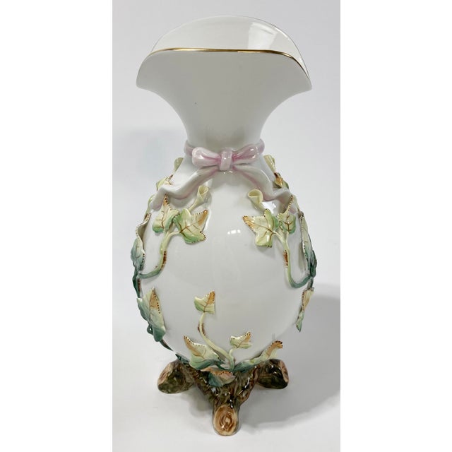 Stunning Majolica style ceramic vase made by Vista Aegre of Portugal. Features twisted branch look base with richly hand-...