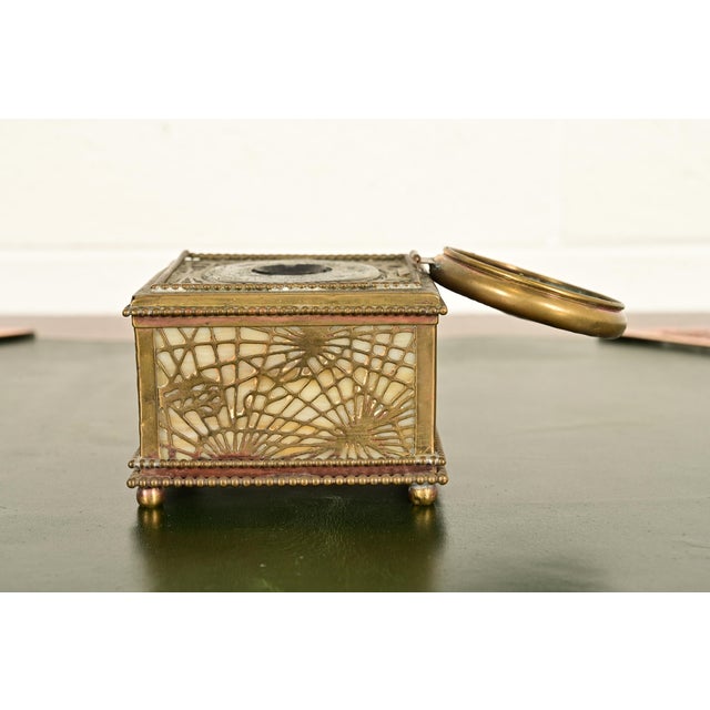 Bronze Tiffany Studios New York Pine Needle Bronze Doré and Favrile Slag Glass Inkwell For Sale - Image 8 of 12