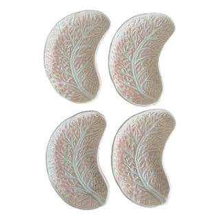 Vintage Majolica Cabbage Leaf Crescent Plates, Portugal — Set of 4 For Sale