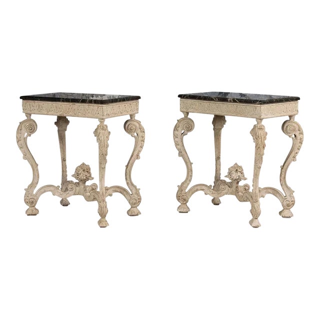 Pair of French Recency Tables in Original Paint With Campan Marble Tops Attributed to Maison Jansen For Sale