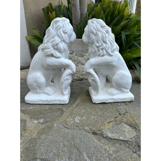 Vintage French White Painted Concrete Lions - A Pair For Sale - Image 4 of 15