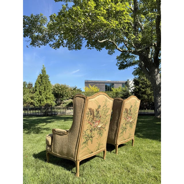 Pair of Custom Wingback Armchairs in Pictorial Avian Upholstery For Sale - Image 14 of 17