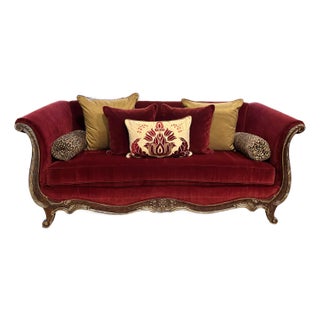 Custom Paul Robert Hand Carved Wood and Red Velvet Sofa With Pillows For Sale