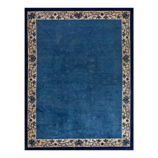 Spectacular Royal Blue Open Field in Allover-Floral Antique Chinese Peking Rug For Sale