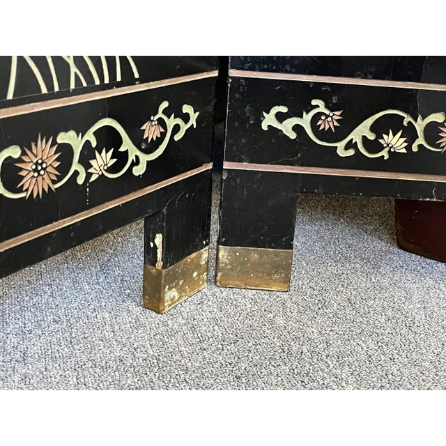 Monumental Vintage Asian Coromandel 4-Panel Floor Screen With Incised Painted Details For Sale - Image 11 of 13