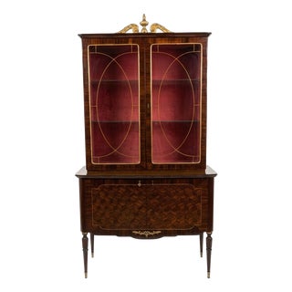 Art Deco Italian Walnut Display Cabinet with Brass Details and Red Velvet Interior, 1930s For Sale