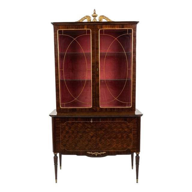 Art Deco Italian Walnut Display Cabinet with Brass Details and Red Velvet Interior, 1930s For Sale