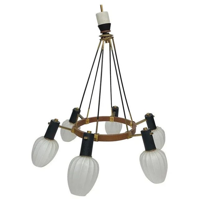 1960s Stilnovo Style Mid-Century Modern Brass Teak and Glass Italian Chandelier For Sale - Image 12 of 12