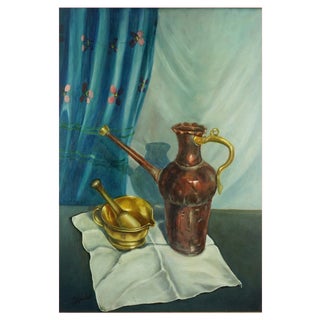 Giovanni Zancolo, Post Impressionist Still Life with Copper Pourer and Brass Mortar and Pestle, 1970s, Oil on Canvas For Sale