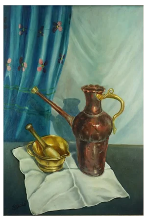 Giovanni Zancolo, Post Impressionist Still Life with Copper Pourer and Brass Mortar and Pestle, 1970s, Oil on Canvas