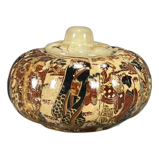 Antique Japanese Satsuma Lidded Jar With Hand-Painted Figural Scenes For Sale