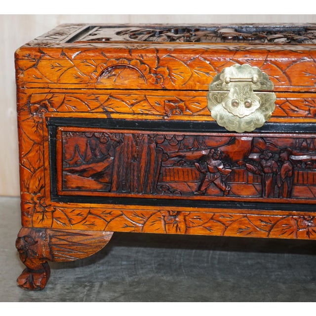Wood Antique Chinese Hand Carved Camphor Wood Travelling Trunk, 1900s For Sale - Image 7 of 17