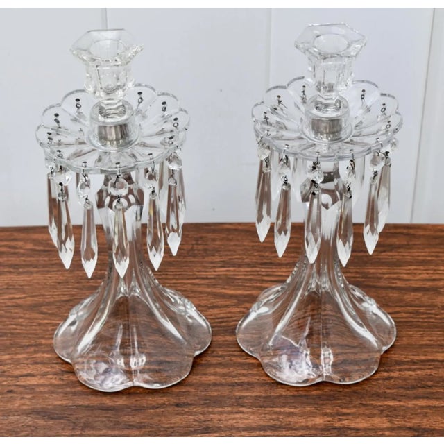Glass Vintage Art Nouveau Style Pair of Crystal Candlesticks W/Hanging Prisms For Sale - Image 7 of 8