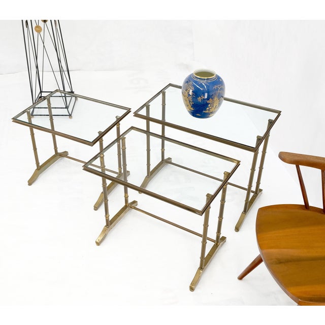 Set of MCM Solid Brass Faux Bamboo Glass Top Nesting Side End Tables Stands For Sale - Image 13 of 15