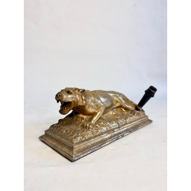 Vintage Gilt Tiger Desk Sculpture and Pen Holder For Sale - Image 4 of 12
