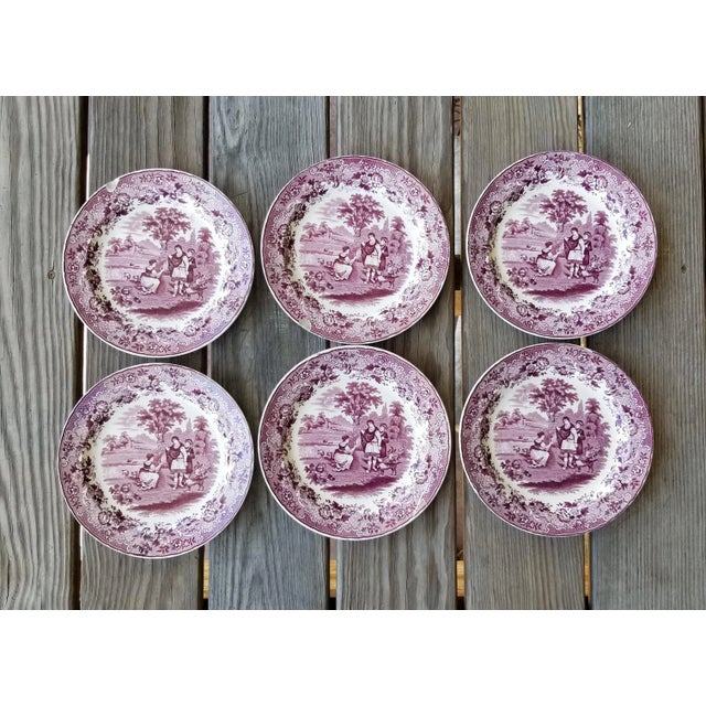 Pretty circa 1860's set of six Petrus Regout Staffordshire transferware plates in the "Ruth and Boaz " pattern in an...