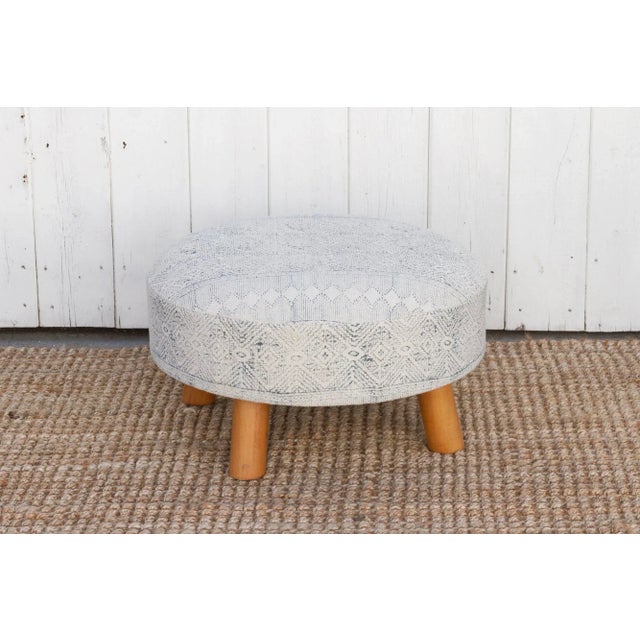 Textile White & Blue Tribal Dhurrie Ottoman Stool For Sale - Image 7 of 7