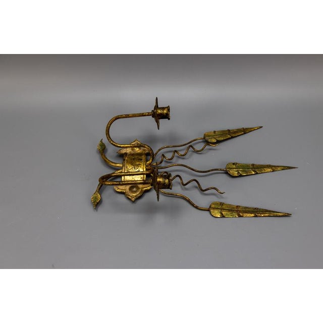 Spanish Gilt Iron Medieval Revival Style Two-Arm Candle Wall Sconce, ca. 1950s For Sale - Image 16 of 18