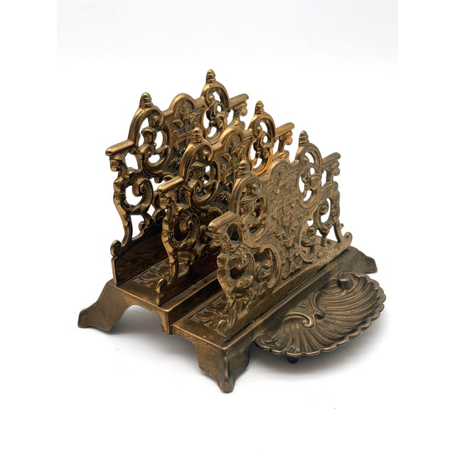 Art Nouveau Antique Ornate Brass 2-Slot Desktop Letter Rack With Shell Dish Tray For Sale - Image 3 of 8