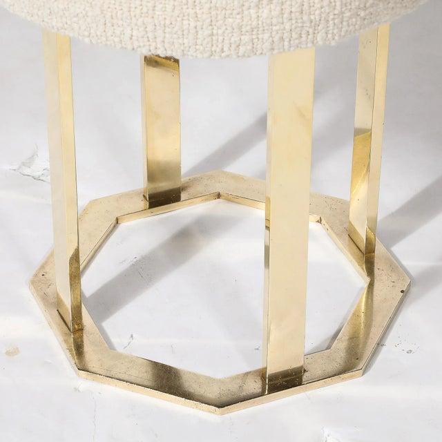 Mid-Century Modernist Octagonal Polished Brass Base Stool in Holly Hunt Boucle For Sale In New York - Image 6 of 10