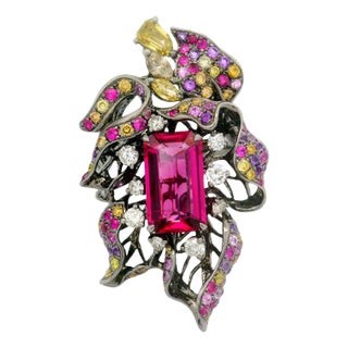 3.27 Carat Rubellite Tourmaline Diamond Sapphire 18k Gold Floral Ring, Size 6.75 For Sale