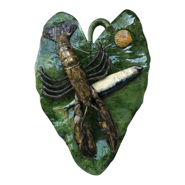 19th Century Majolica Palissy Leaf Wall Fish & Lobster Platter Alfred Renoleau For Sale